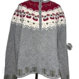 Nordic Design Zip Front Sweater Women's size large wool Holiday Christmas Gray